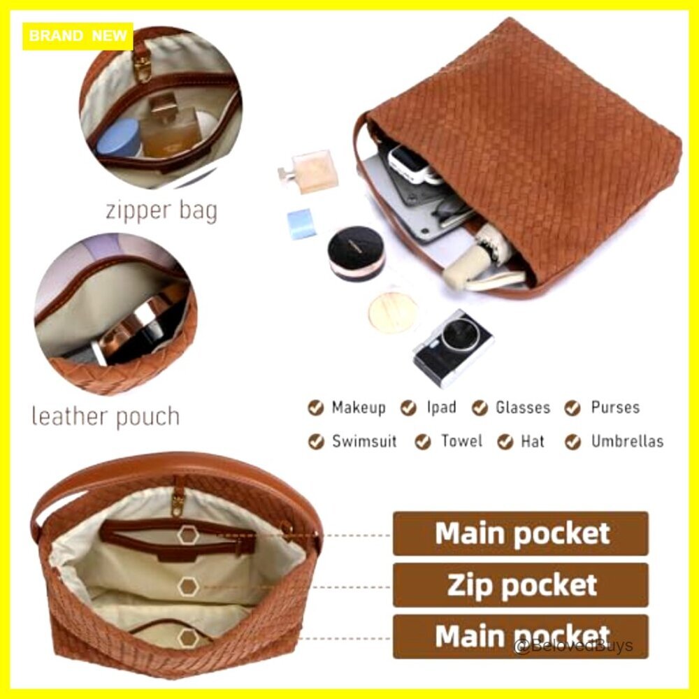 Woven Suede Tote Bag with Detachable Strap, Multi-Pocket Purse - Picture 5 of 7